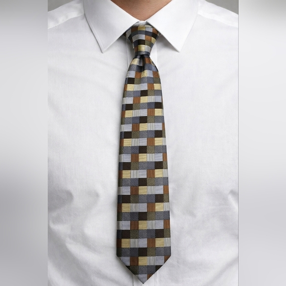 John Sparks Other - JOHN SPARKS Silver Brown and Yellow Psychedelic Geometric Basketweave Tie